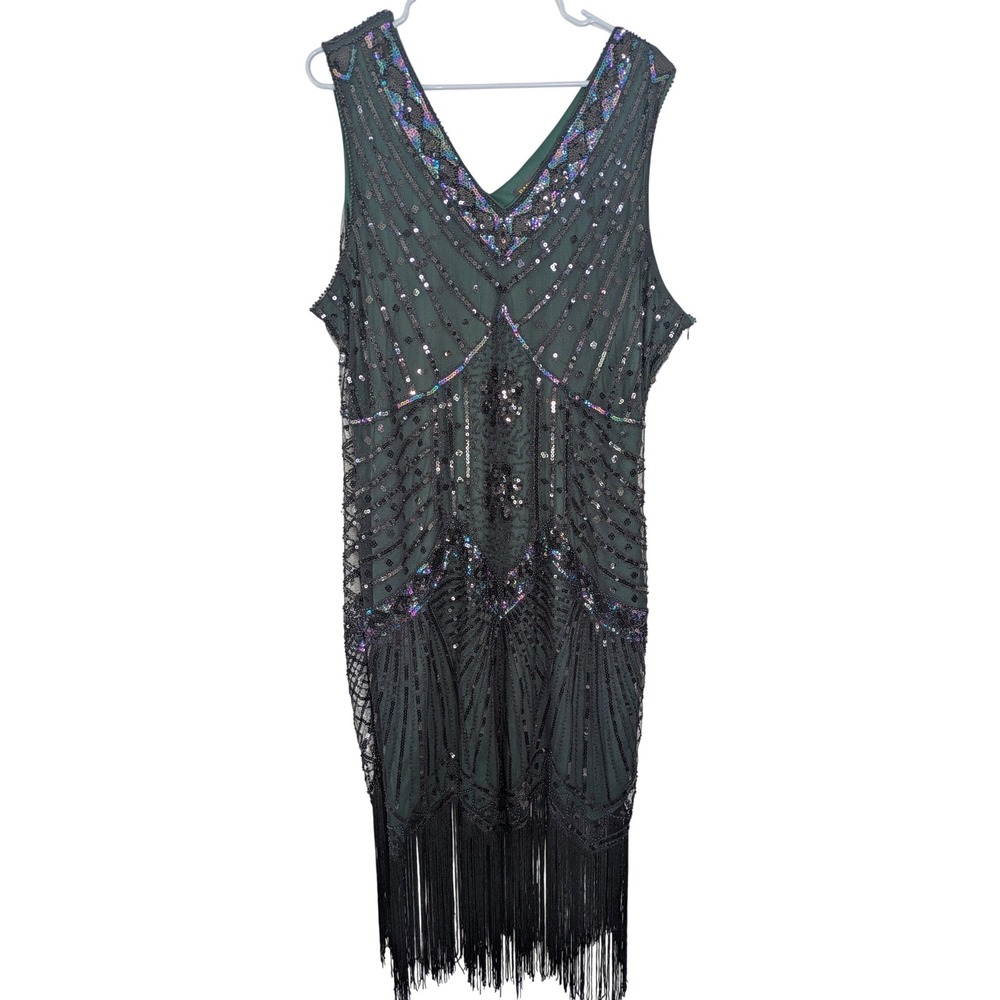 BABEYOND Flapper V Neck Fringed Cocktail Dress Green & Black 4X (Fits 2X-3X)